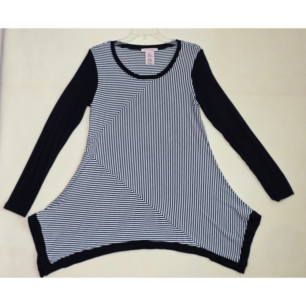 Philosophy Women's Tunic Size M Black White Striped Shark Bite Long Sleeve Shirt